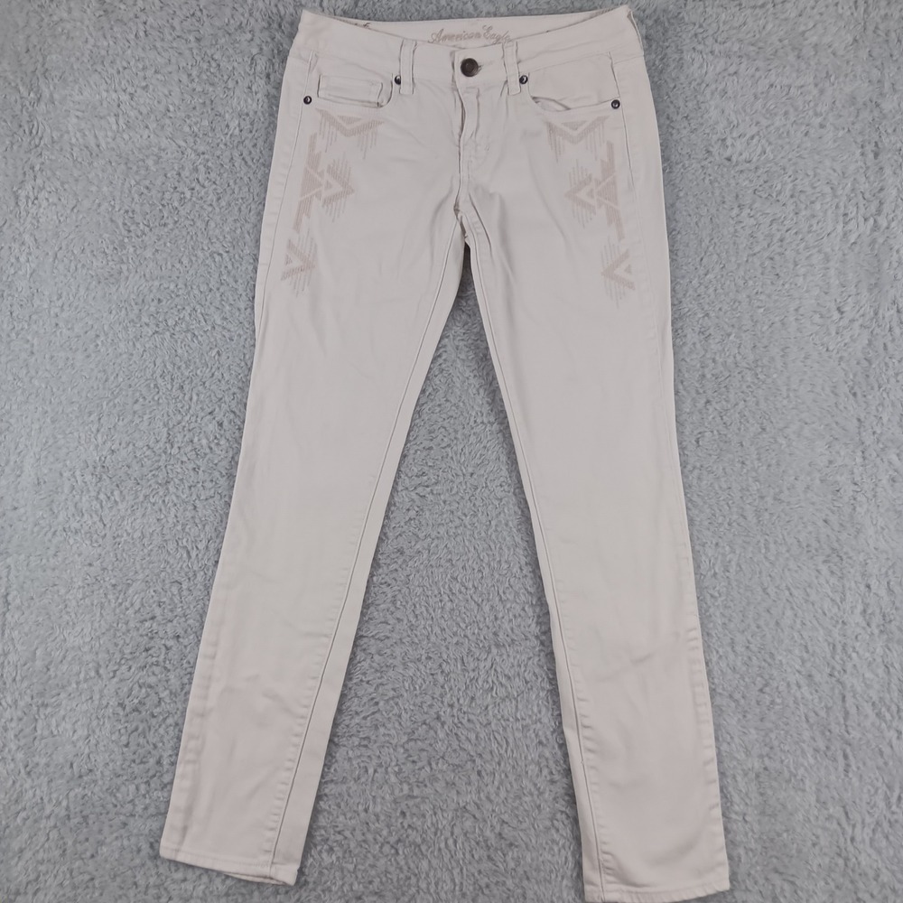 American Eagle Skinny Jeans Womens 4 Cream Embroidered Aztec Low Rise Stretch